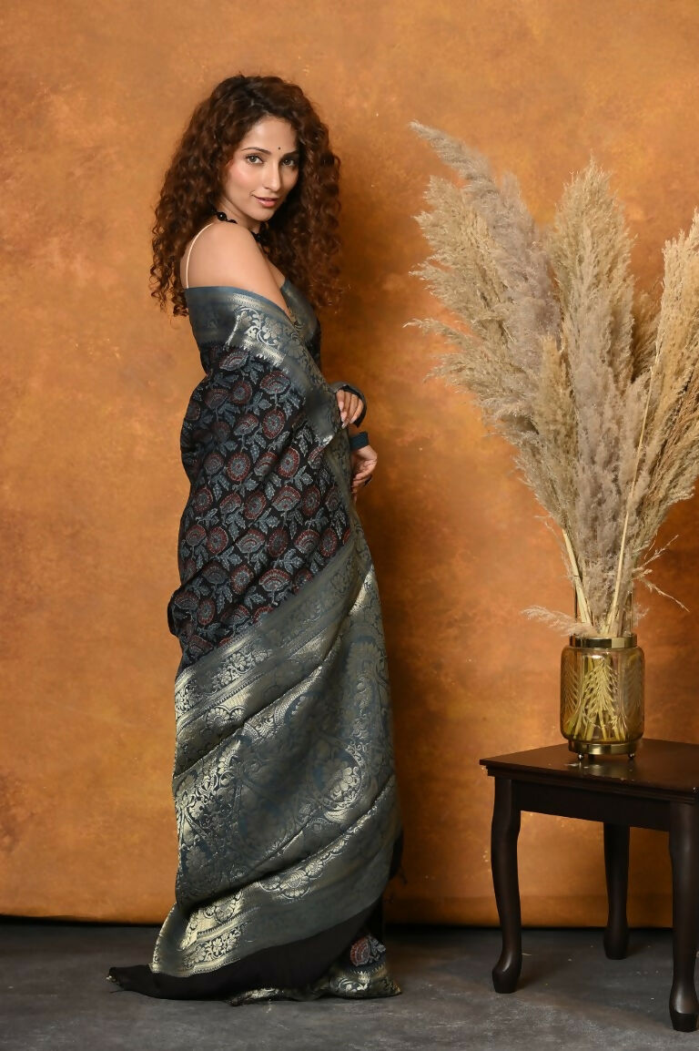 Very Much Indian Modal Silk Ajrakh Handblock Printed Natural Dyes With Designer Border Saree - Blue