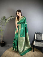 Joban Fashion Green Floral Jacquard Woven Design Cotton Silk Banarasi Silk Saree - Distacart
