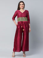 Ahalyaa Womens Burgundy crepe Printed Jumpsuit