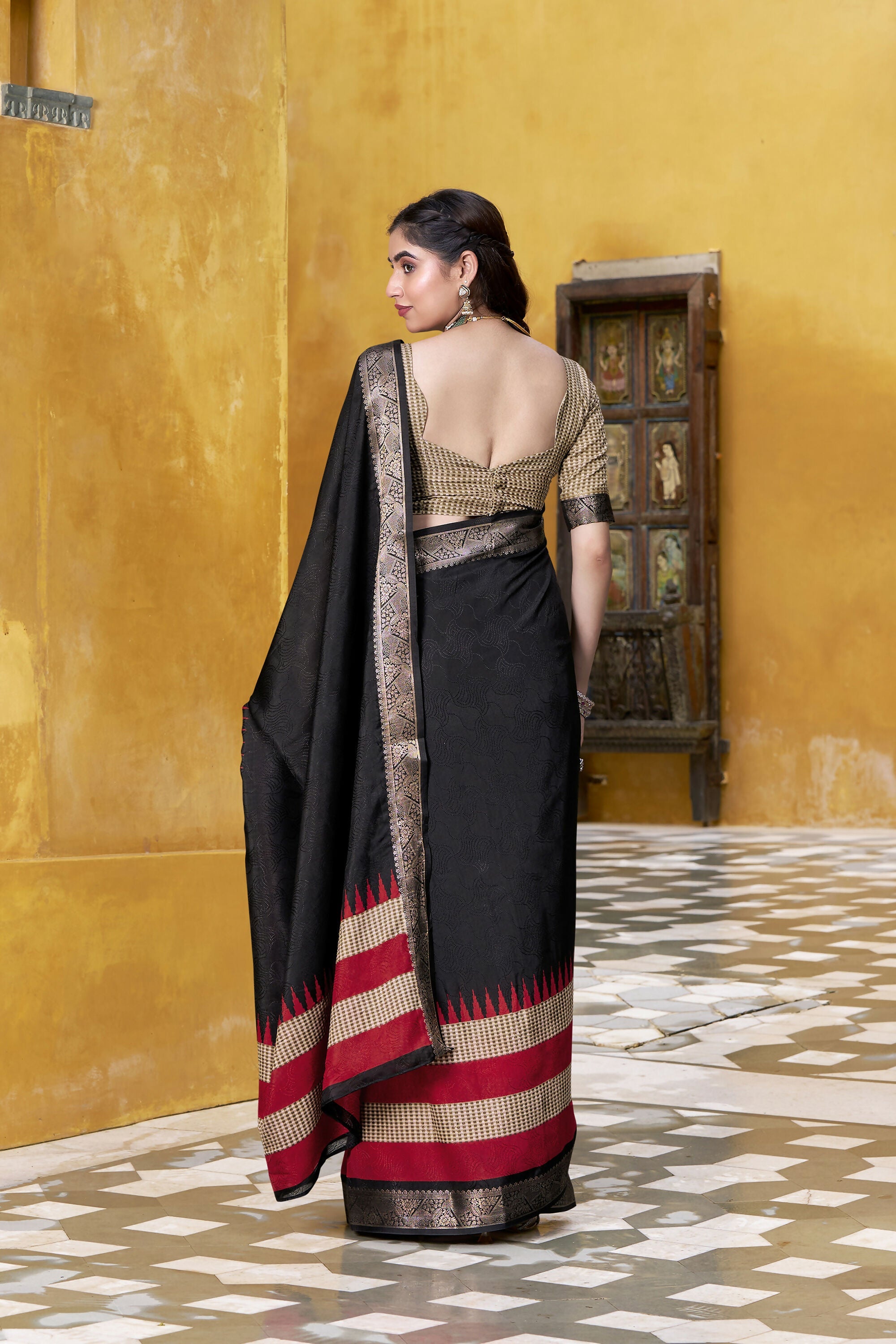 Vastranavya Black Printed with Zari Weaving Work Poly Cotton Saree & Unstitched Blouse - Distacart