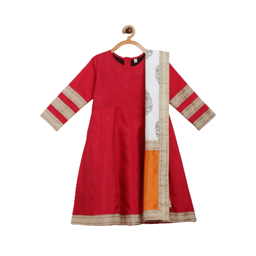 Ahalyaa Red Poly Silk Anarkali Kids Kurta With Dupatta Set For Girls
