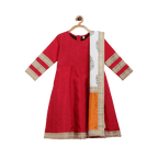 Ahalyaa Red Poly Silk Anarkali Kids Kurta With Dupatta Set For Girls