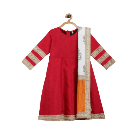 Ahalyaa Red Poly Silk Anarkali Kids Kurta With Dupatta Set For Girls