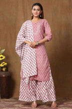 Miravan Women's Cotton Kurta With Palazzo & Dupatta Set