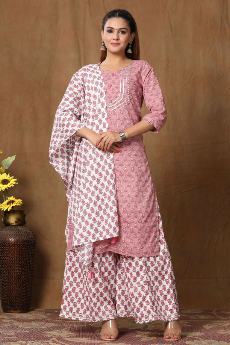 Miravan Women's Cotton Kurta With Palazzo & Dupatta Set