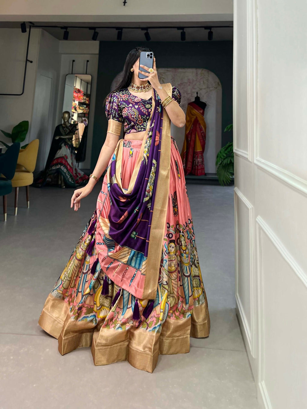 Vastranavya Kalamkari Print With Weaving Border Lehenga with Unstitched Blouse - Peach