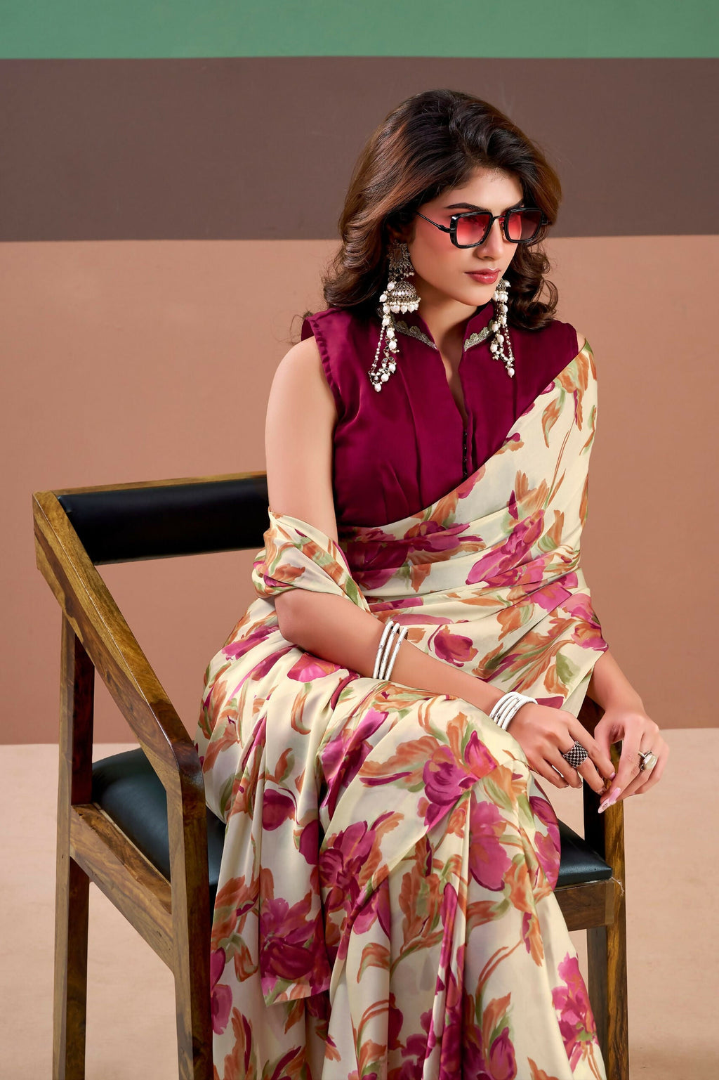Vastranavya Pink Satin Silk Floral Printed Saree with Stitched Blouse - Distacart