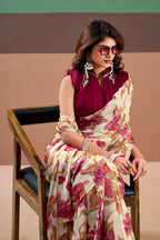Vastranavya Pink Satin Silk Floral Printed Saree with Stitched Blouse - Distacart