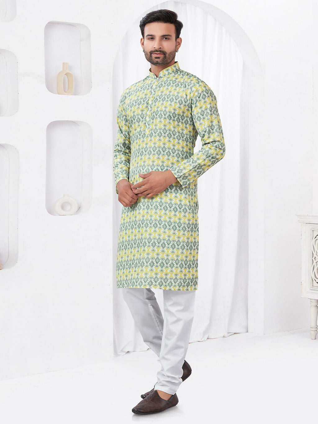 Joban Fashion Men's Rayon Cotton YELLOW Printed Kurta Pyjama set