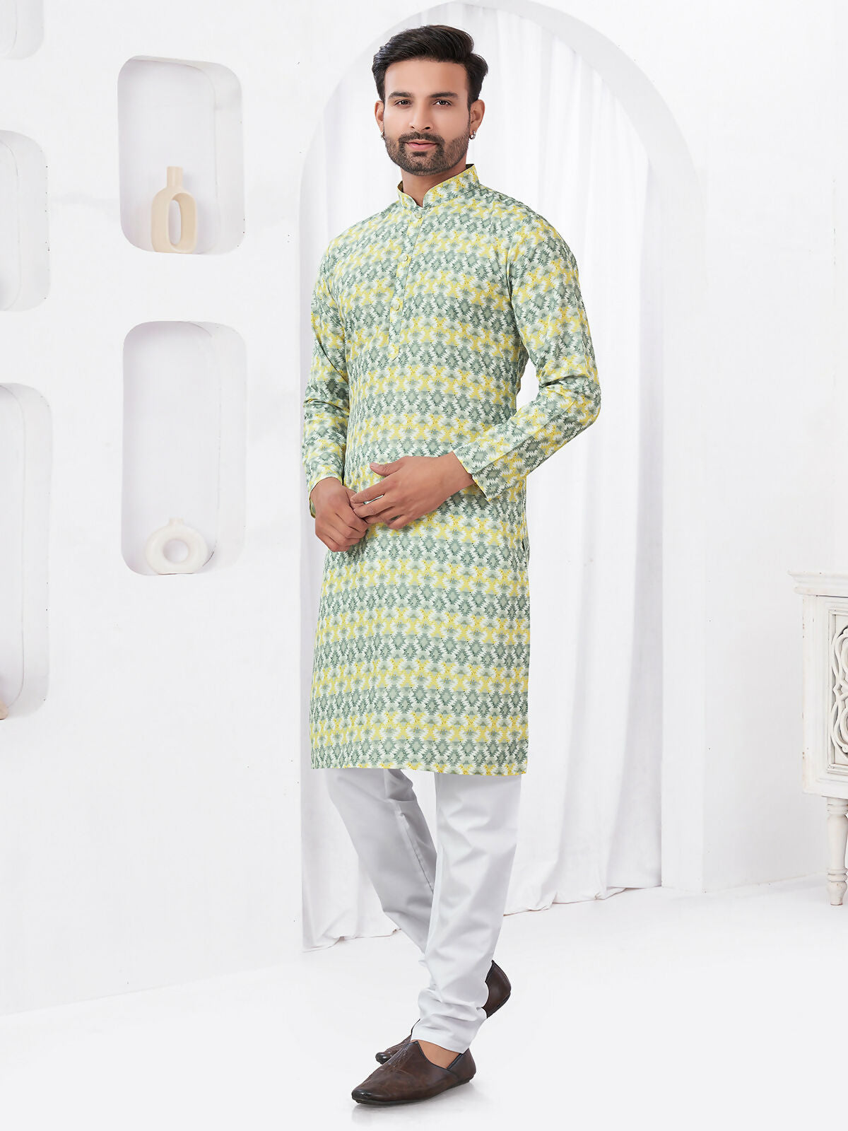 Joban Fashion Men's Rayon Cotton YELLOW Printed Kurta Pyjama set