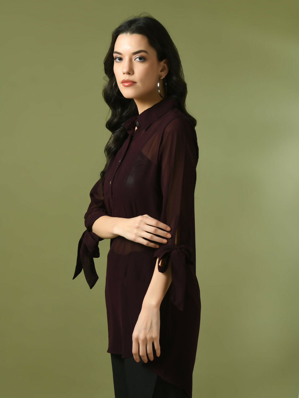 Myshka Women's Coffee Brown Solid Georgette Longline Party Sheer Tunic