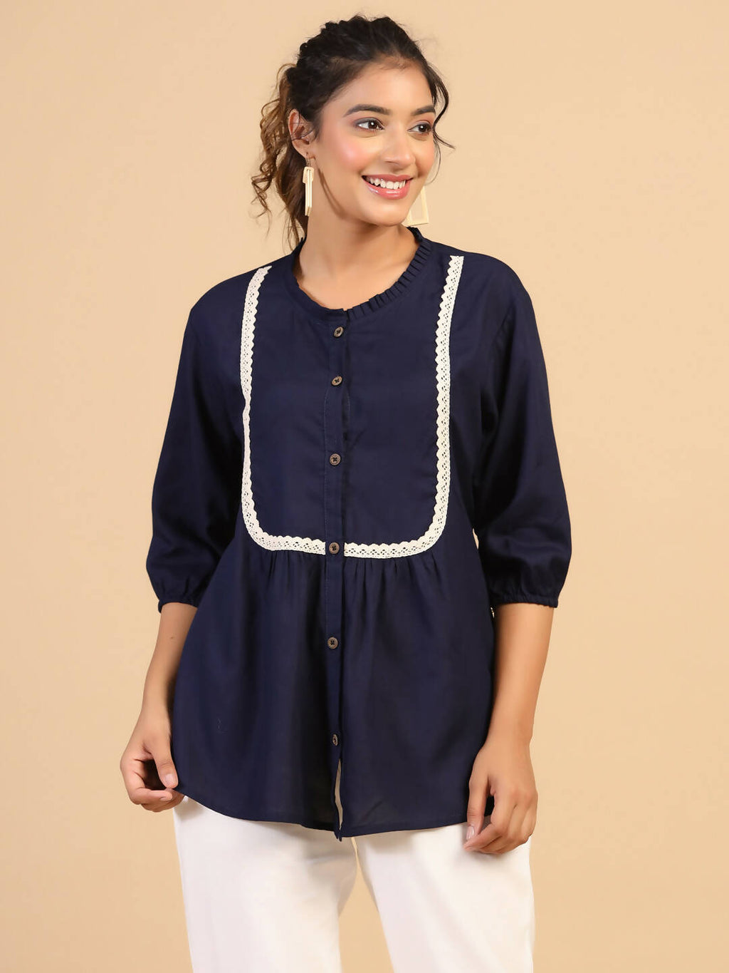 Womens Dark Blue Rayon Solid Top - Keeva