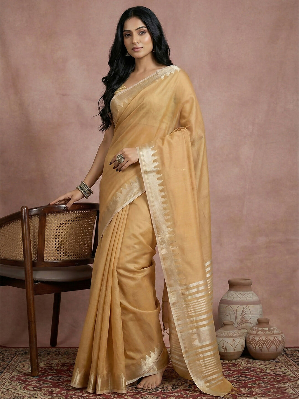 Shree Shyam Fashion Golden Cotton Saree - Distacart
