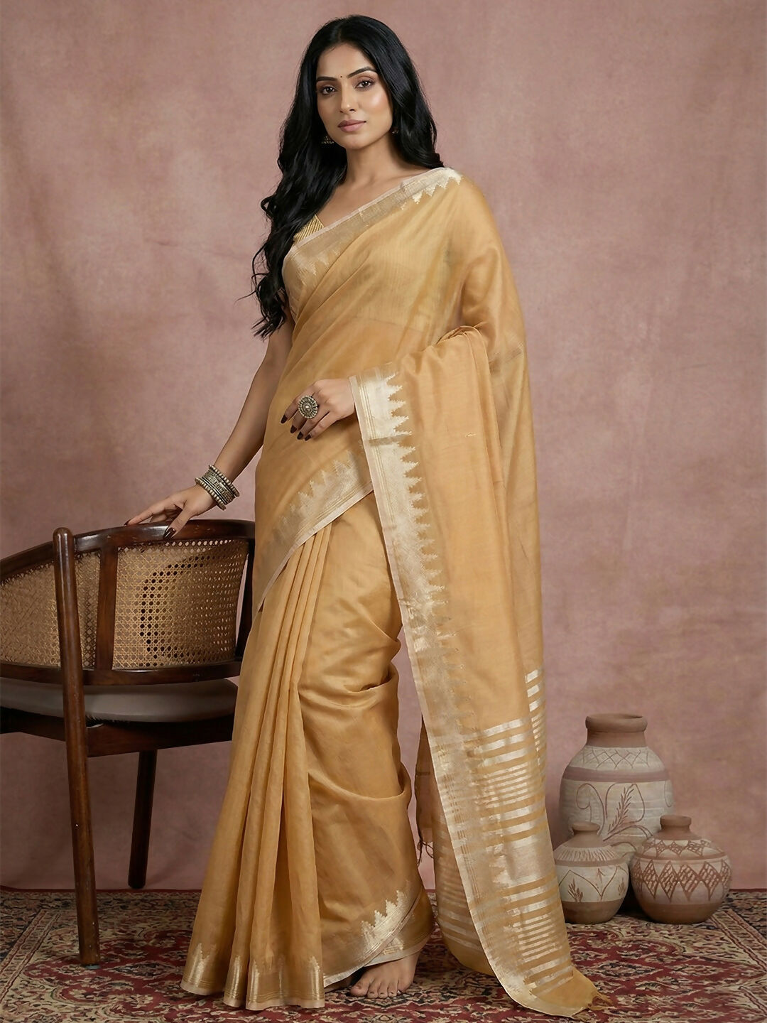 Shree Shyam Fashion Golden Cotton Saree - Distacart