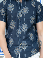 Miravan Men's Pure Cotton Blue Floral Printed Half Sleeve Slim Fit Shirt
