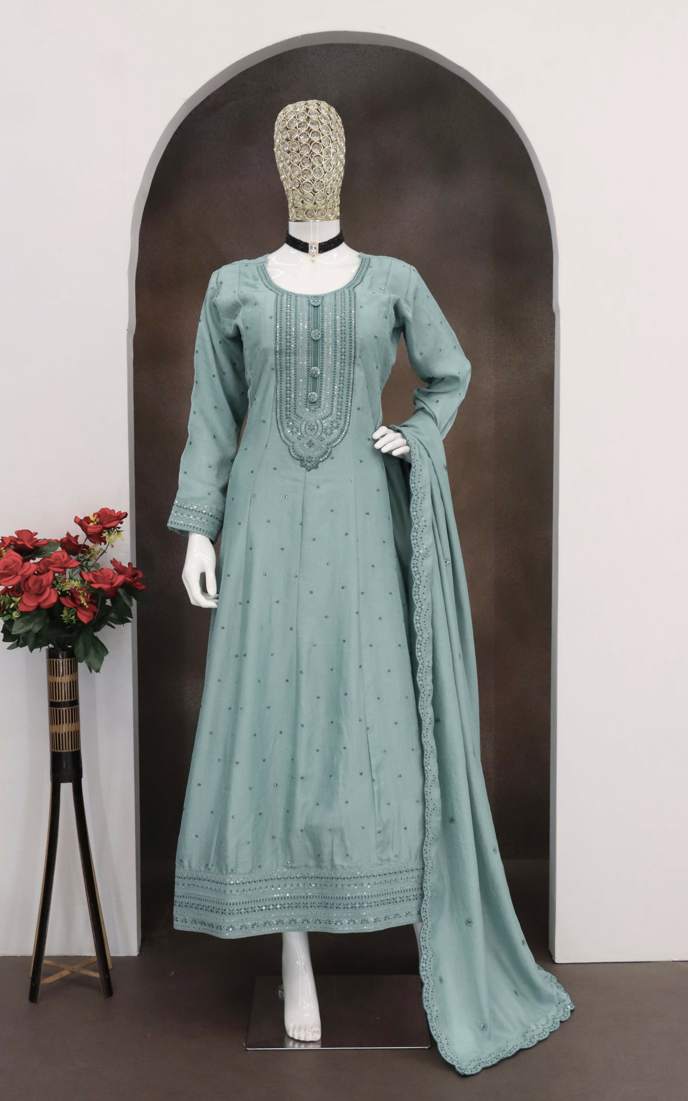 Teeya Creation Teal Color Heavy Vichitra Silk Embroidery Work Long Gown