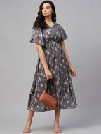 Myshka Women Grey Printed Half Sleeve V Neck Dress - Distacart