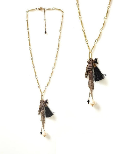 Bling Accessories Antique Brass Finish Qwl Pendant long Charm Necklace with Black Mini Tassel & Baroque Pearl