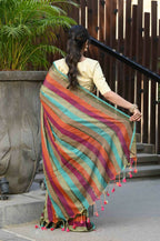 Beatitude Multicolor Cotton Stripes Golden Zari Saree