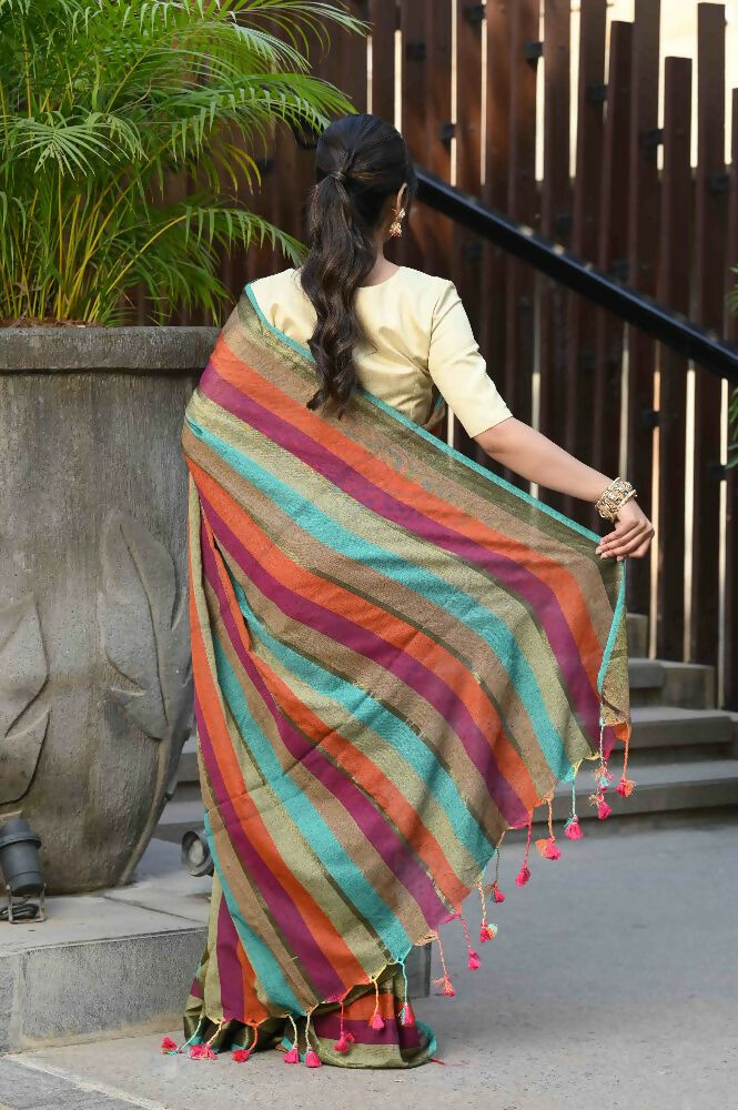 Beatitude Multicolor Cotton Stripes Golden Zari Saree