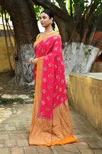 Joban Fashion Bright Pink Crepe Chiffon Pure Handloom Banarasi Silk Saree