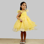 Pink Cow Fashions Yellow Dress With Net Layer At Bottom & Frill Sleeves