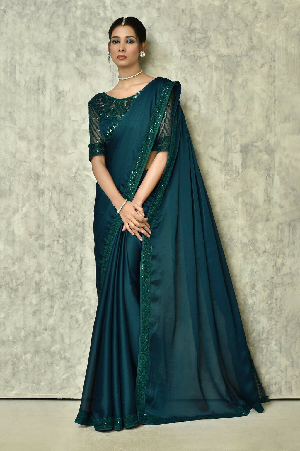 Teal Silk Solid Designer Saree with Blouse - Purvi
