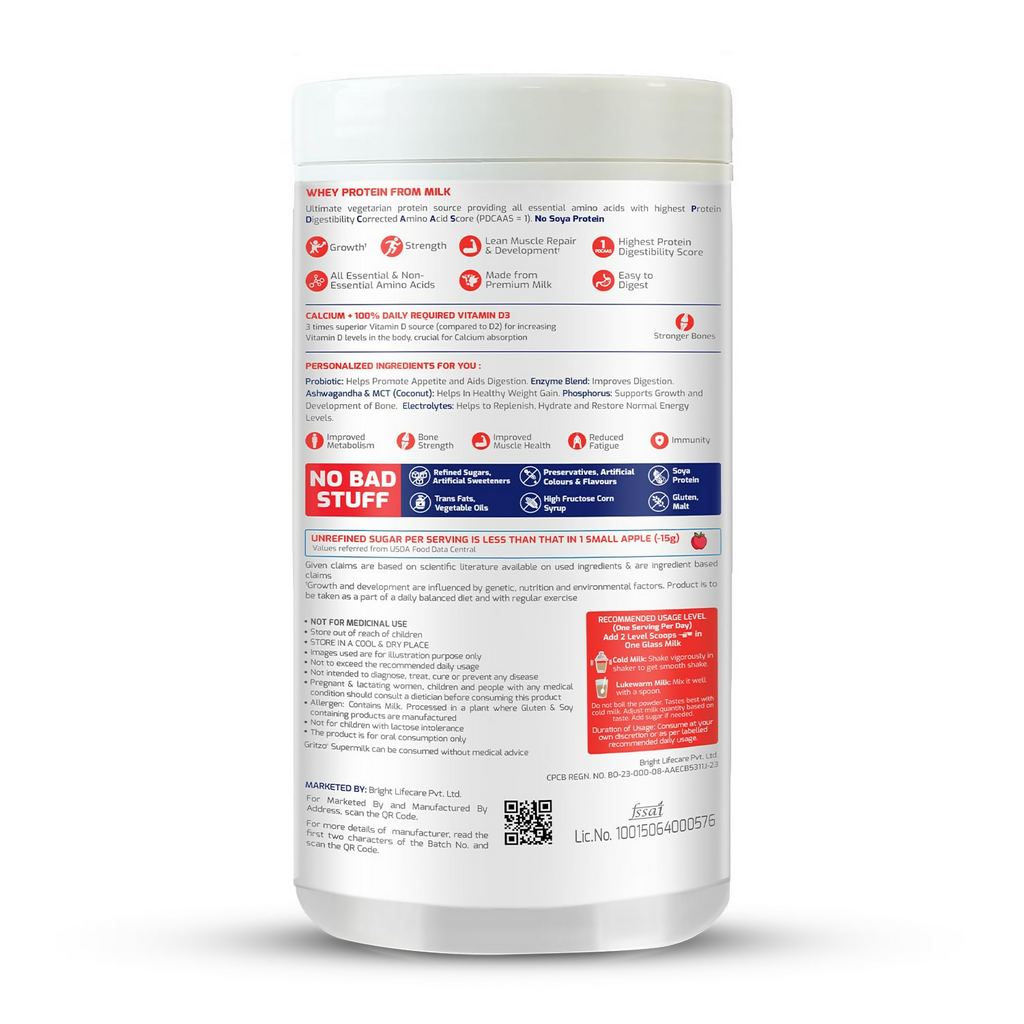Gritzo SuperMilk Weight+ (13+y Boys), 10g Protein Powder (Double Chocolate) - Distacart