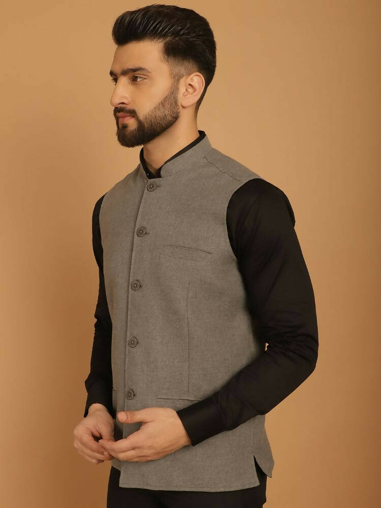 Even Apparels Nehru Jacket With Welt Pockets - Grey