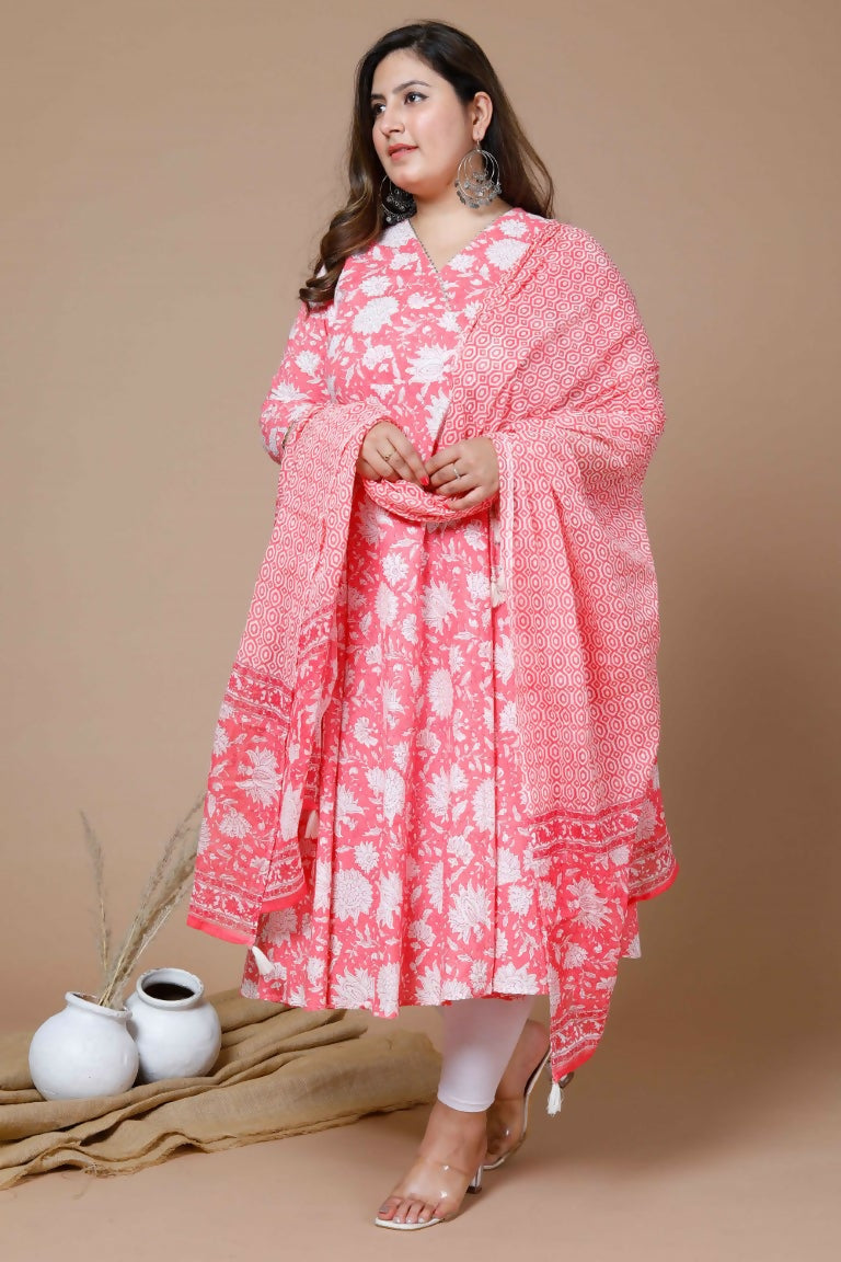 Miravan Women's Pink Plus Size Cotton Floral Print Anarkali Kurta With Dupatta
