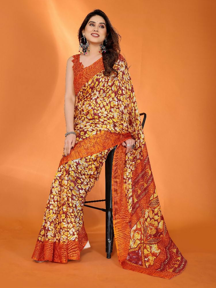 PR Fashion Orange Kota Doria Printed Saree