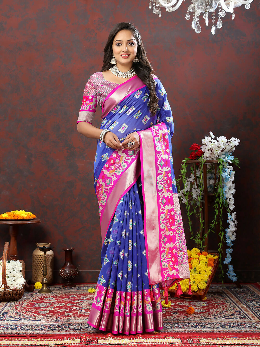 Lorenvalley Fashion Blue Organza Silk Woven Design with Meenakari Weaving Saree
