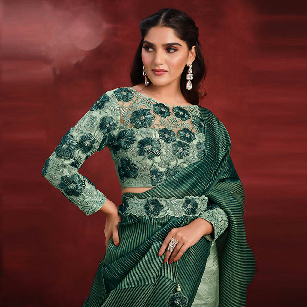 Sea Green Banarasi Crush Silk Sequence Thread & Stone Work/ Texture Pallu Saree - Mohmanthan Kimiya - Distacart