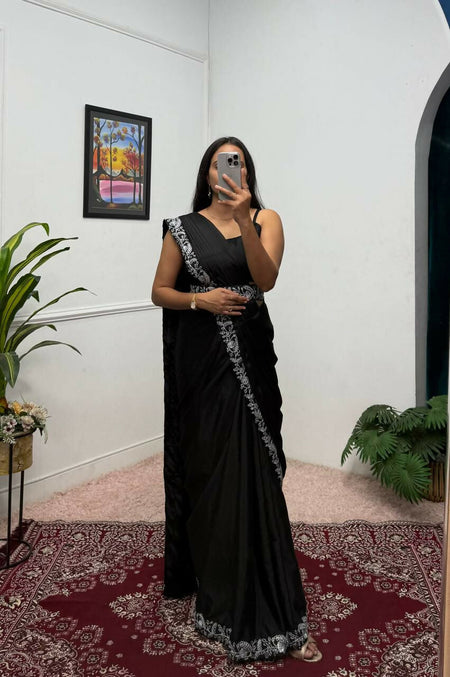Teeya Creation Black Color Chinon Silk Wedding Wear Ready To Wear Saree With Koti