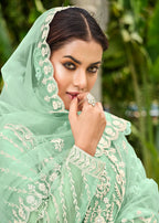 Mint Green Stone & Cording Work Festive Palazzo Suit - Emponline