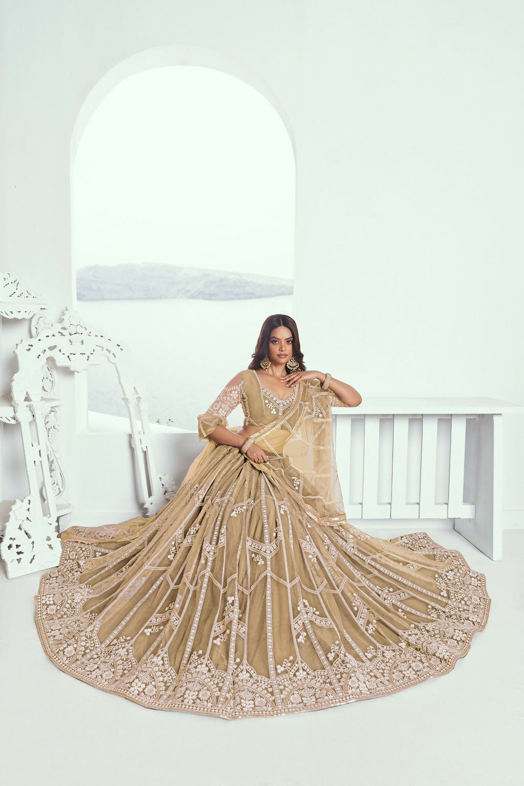 Eilara Charming Beige Thread Work Net Designer Lehenga Choli With Dupatta