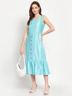 Myshka Women's See Green Solid Cotton Blend Sleeveless Round Neck Casual Dress