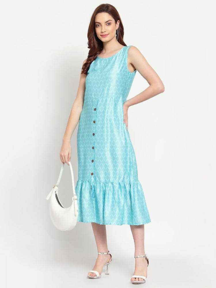 Myshka Women's See Green Solid Cotton Blend Sleeveless Round Neck Casual Dress