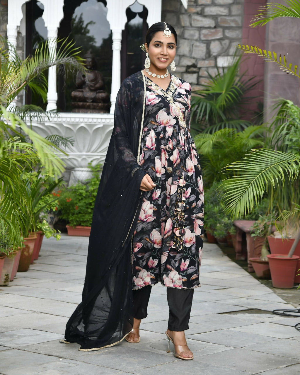 Vaasva Women's Chinon Emboidered Angrakha Anarkali Set With Solid Pant & Solid Embroidered Dupatta