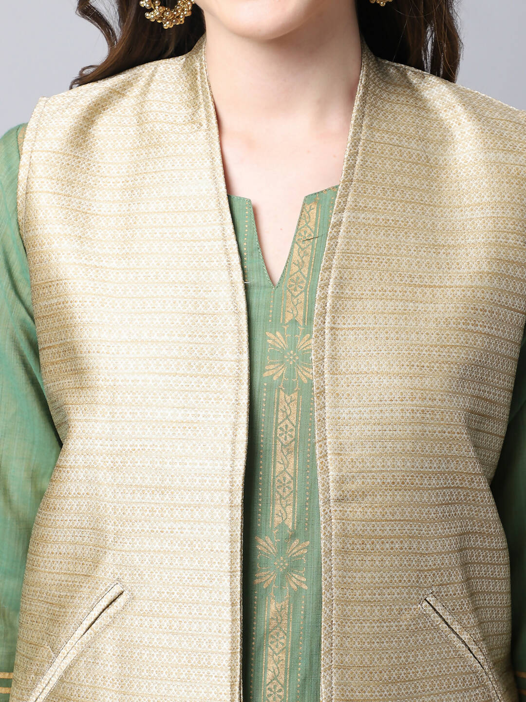 Even Apparels Beige Bansari Silk Open Front Gillet - Distacart