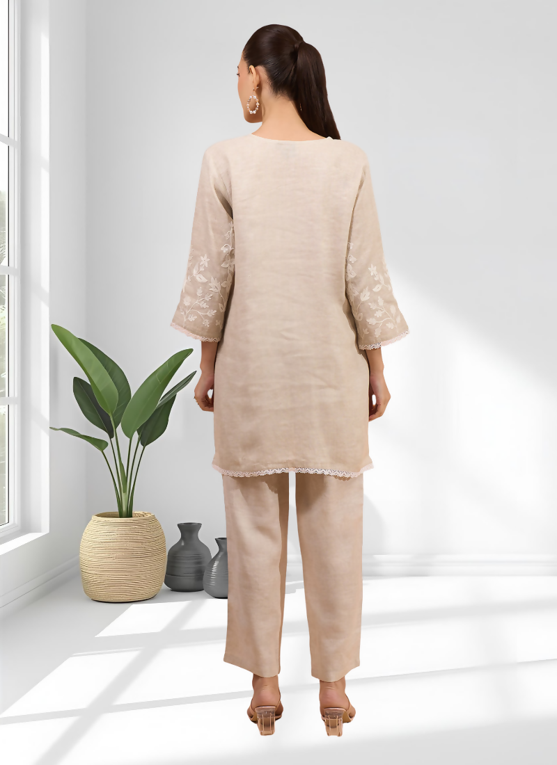 Joban Fashion Beige Linen Embroidered Readymade Cord Set - Distacart