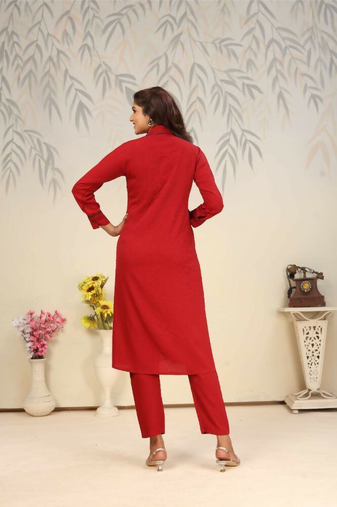 Jyoti Fashion Women's Red Rinkal Cotton Plain with Side Pocket Kurtis & Sets