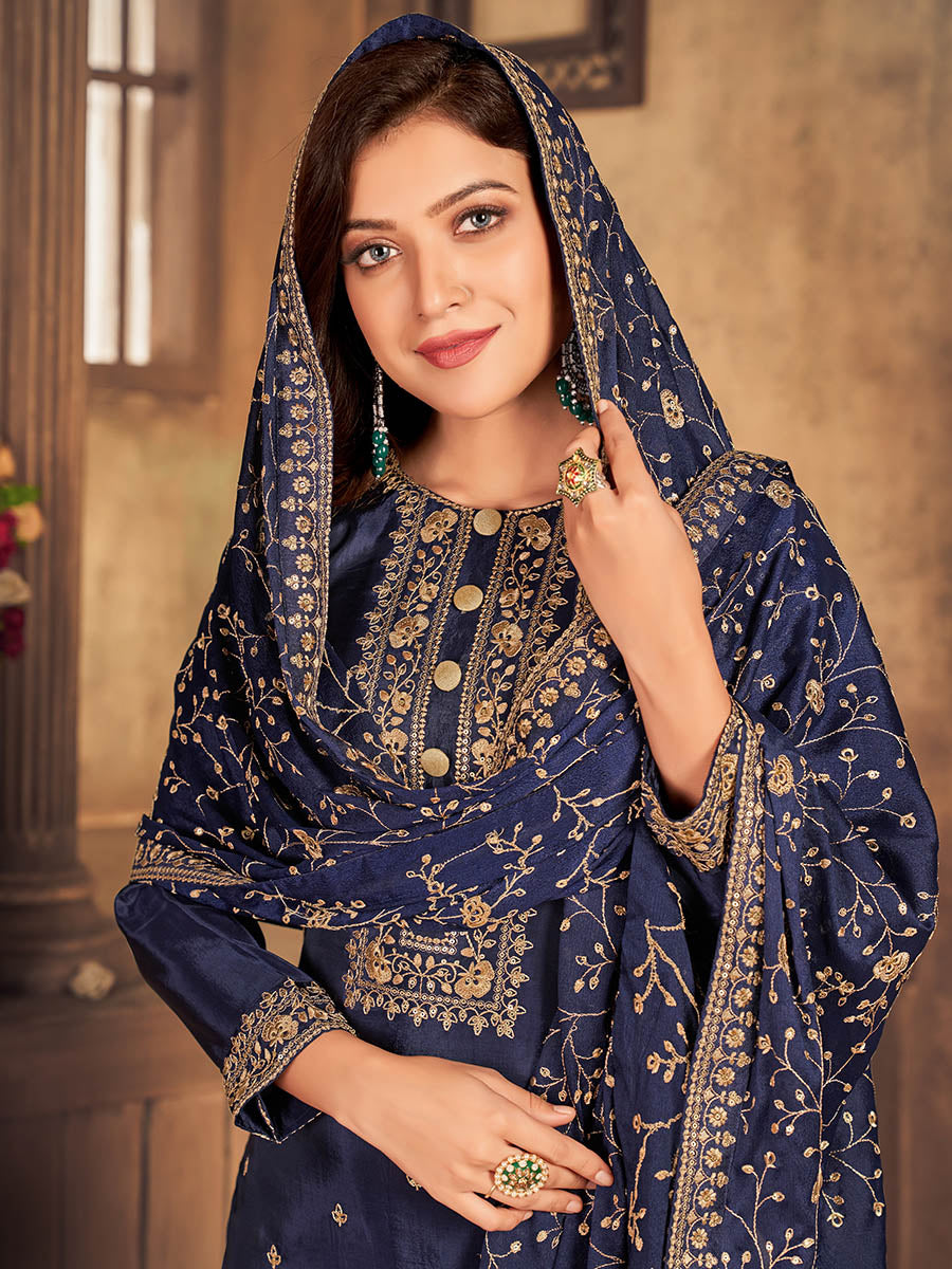 Myra Navy Blue Upada Embroidered Pant Style Suit