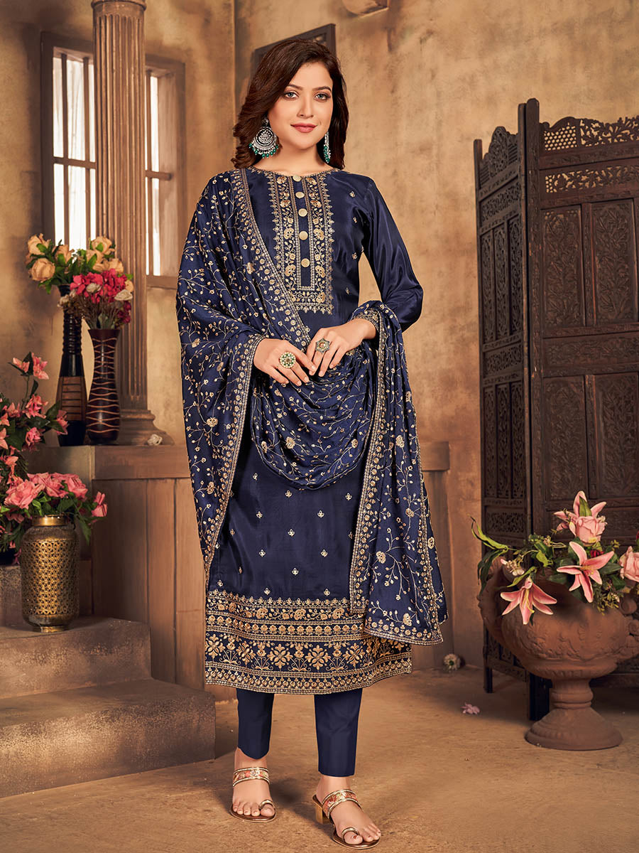 Myra Navy Blue Upada Embroidered Pant Style Suit