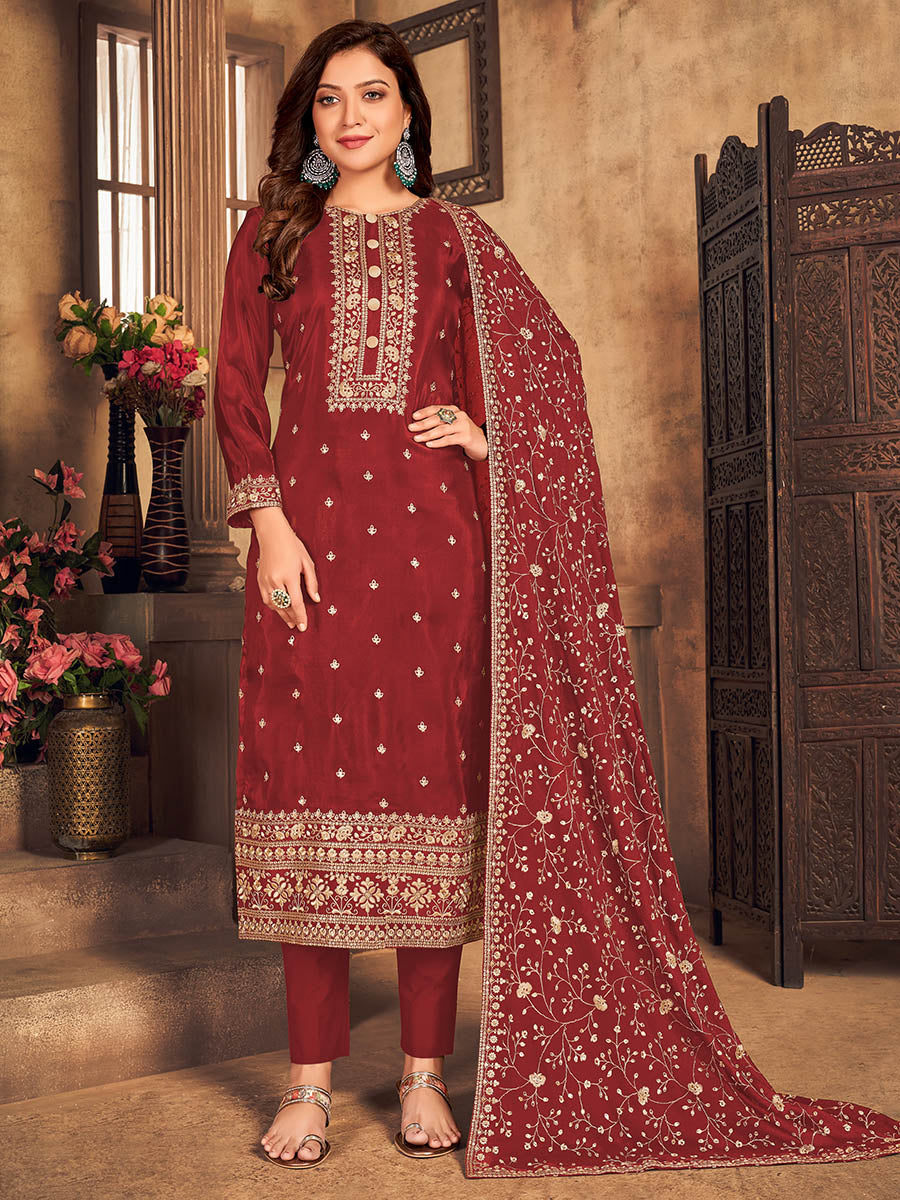 Myra Red Upada Embroidered Pant Style Suit