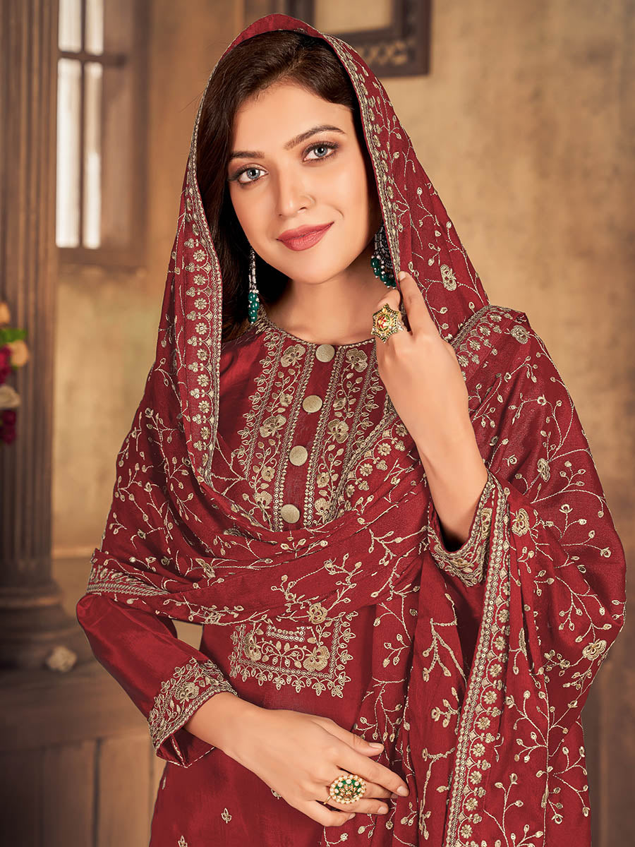 Myra Red Upada Embroidered Pant Style Suit