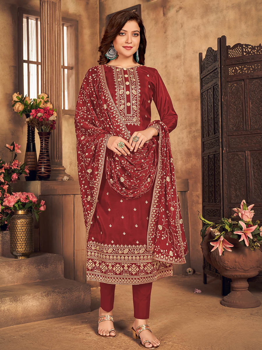 Myra Red Upada Embroidered Pant Style Suit