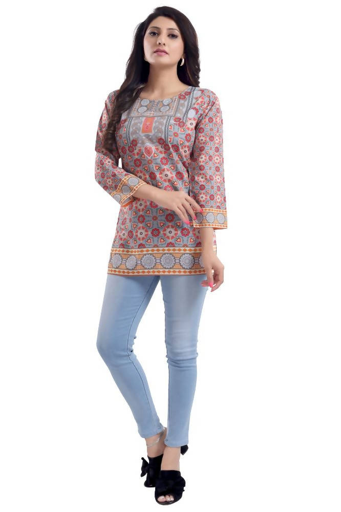 Snehal Creations Ash Gray Faux Crepe Short Kurti Tunic Top