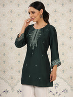 Dark Green Chinon Embroidered Straight Top - Zeny