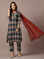 Myshka Women's Multi Printed Cotton Straight Party Kurta Set With Dupatta
